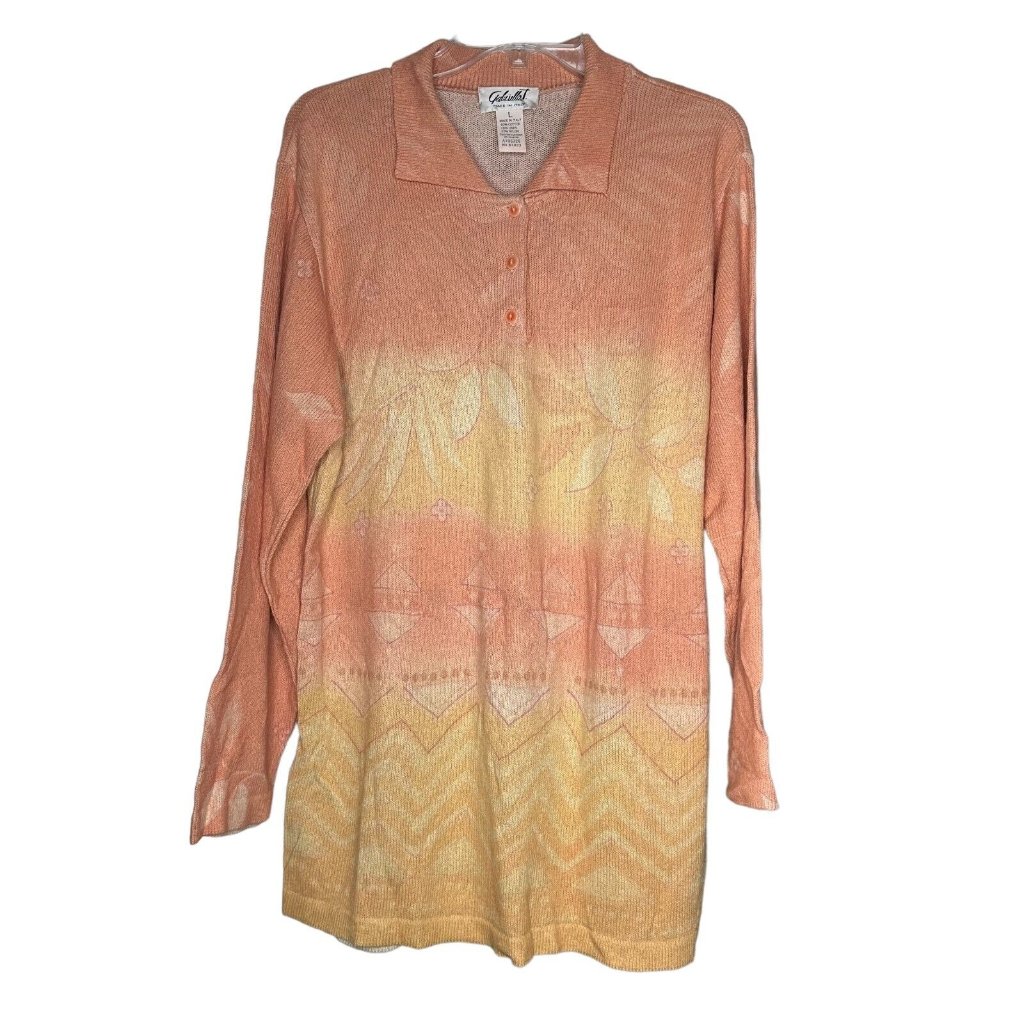 Gabriella T Womens Sweater Orange Large Floral Long Sleeve Collared Cotton Linen